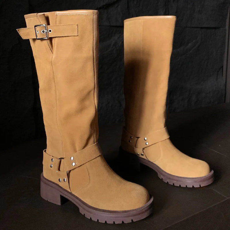 Natural Suede Leather Slipon Autumn Knee High Boots Thick Sole Platform Flats Winter Long Boots Metal Buckle Punk Shoes