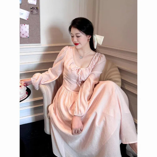Pink Long Sleeved Dress Autumn Gentle Thin Goddess Gentle Princess Sweet Temperament Fairy Skirt Long Dresses