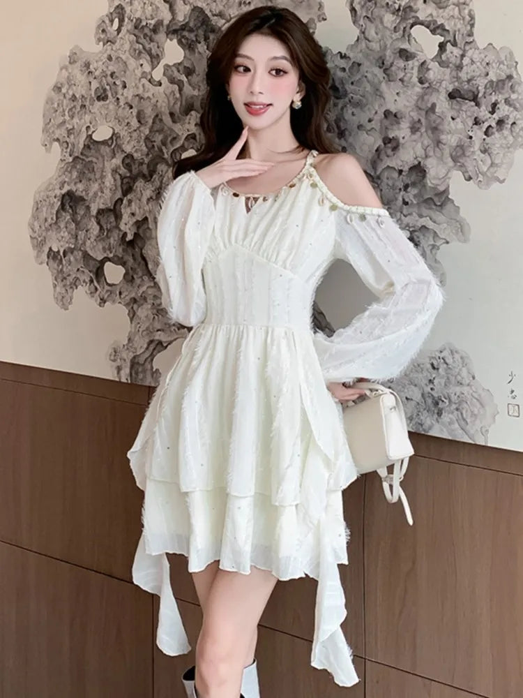 Princess Mini Dress for Sequin Off Shoulder Ruffle Long Sleeve Aline Vestidos Korean Female Short Dresses