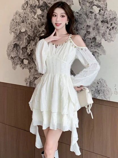 Princess Mini Dress for Sequin Off Shoulder Ruffle Long Sleeve Aline Vestidos Korean Female Short Dresses