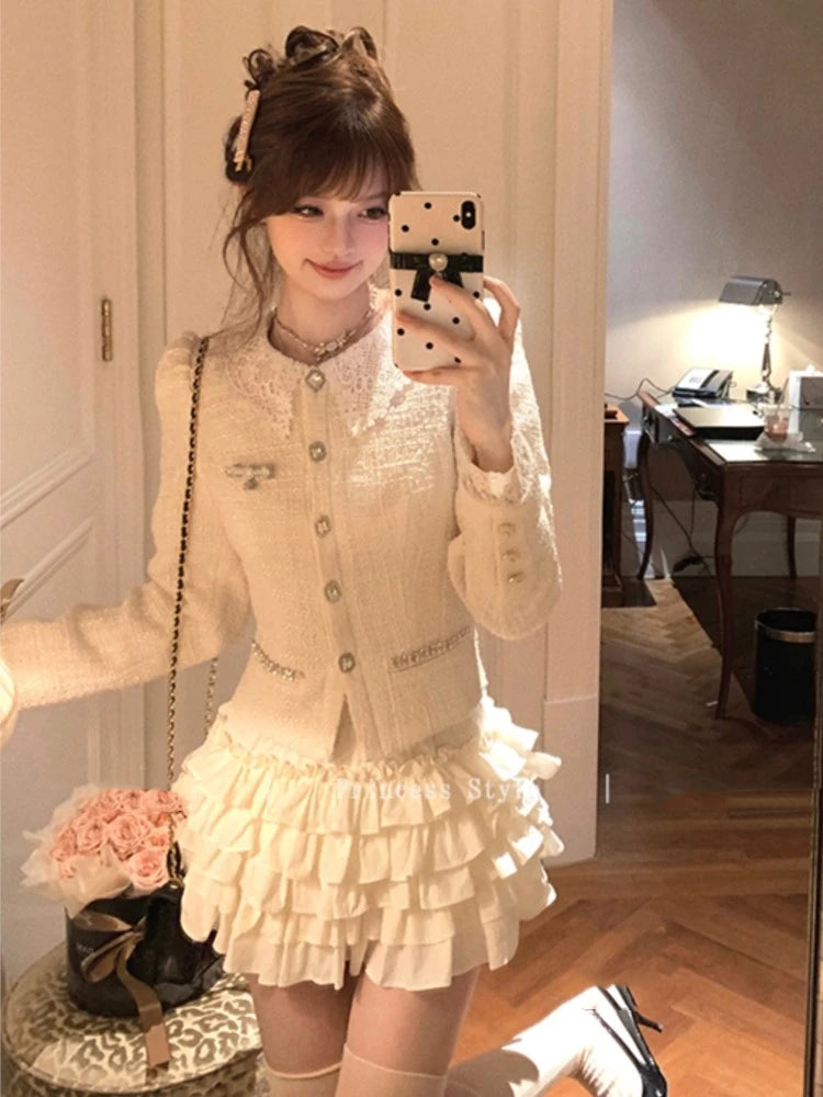 French 2-piece Set Tweed Lace Patchwork Single Breasted Coat Ruffles Cake Mini Skirt Korean Autumn Outfits New