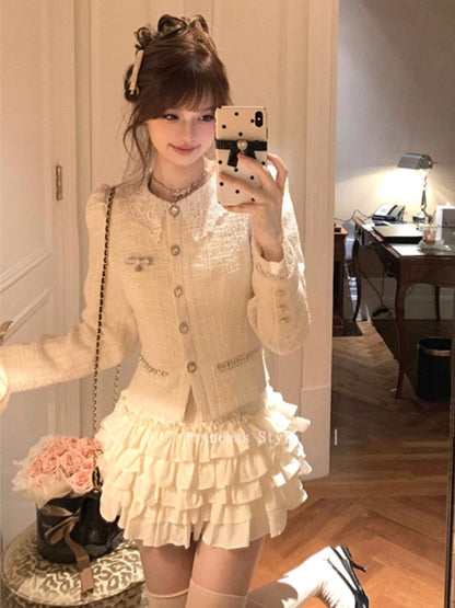 French 2-piece Set Tweed Lace Patchwork Single Breasted Coat Ruffles Cake Mini Skirt Korean Autumn Outfits New
