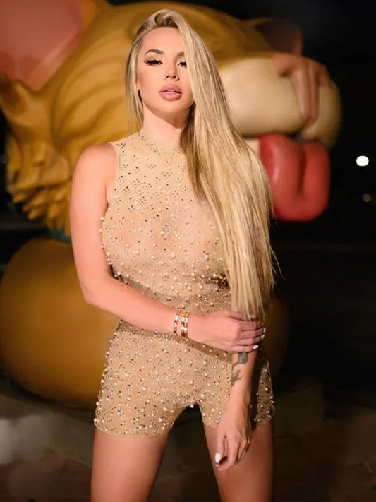 Bodycon Rompers Beading Playsuit Y2k Clothes Sleeveless Combinaison Femme Bodysuits O-neck One Piece Club Outfit
