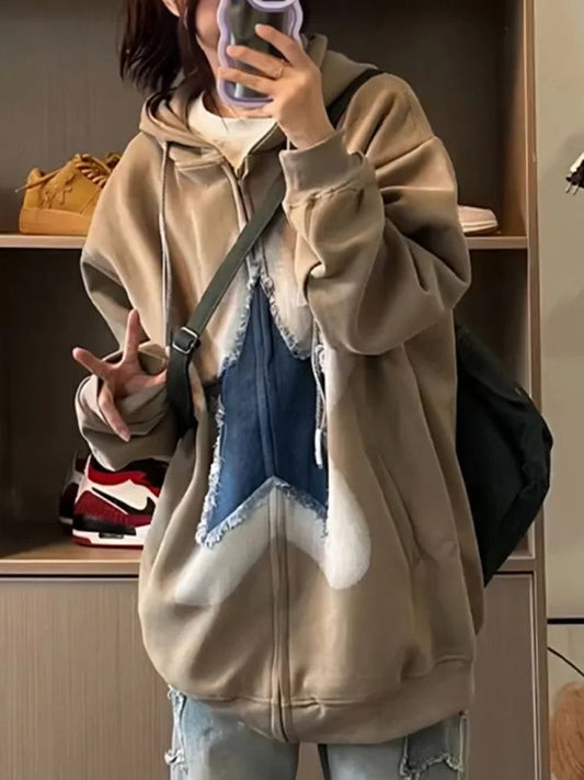 Y2k Zip Up Hoodie Sweet Star Graphics Sweatshirts Red Oversized Sport Coat Grunge Female Harajuku Clothes
