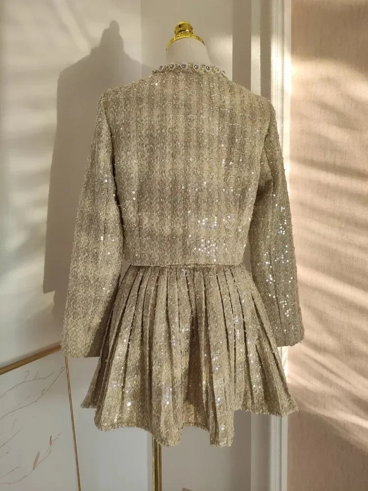 Small Fragrance Autumn Winter Beading Tweed Pearls Short Jacket Coat + Mini Pleated Skirt Suit Two Piece Sets Outifits