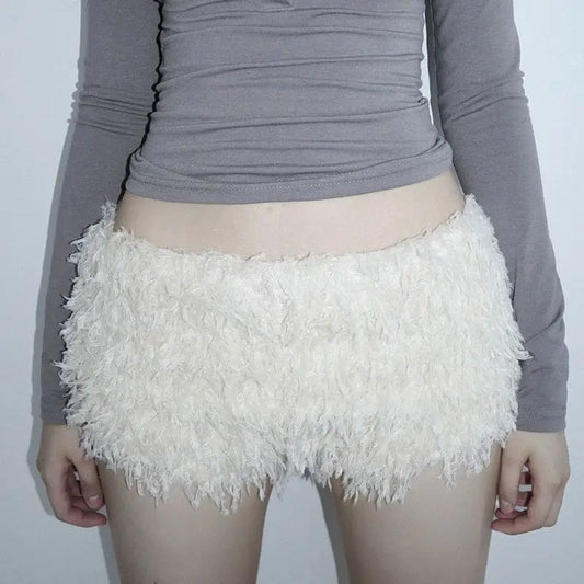 White Sweet Knitted Furry Super Mini Shorts for Winter Warm Low Waist Hot Pants Wrap Hip Slimming Leggings