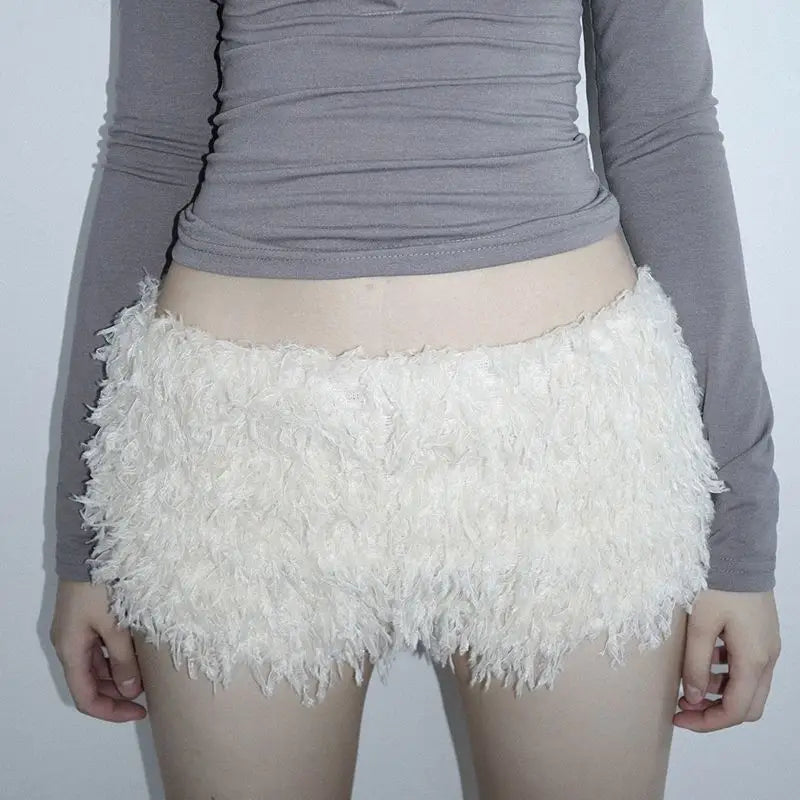 White Sweet Knitted Furry Super Mini Shorts for Winter Warm Low Waist Hot Pants Wrap Hip Slimming Leggings