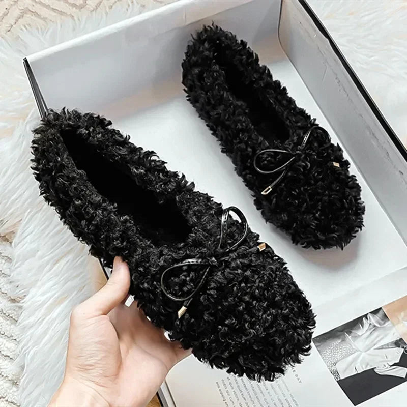 Plush Warm Flat Shoes for Winter Bow Design Nonslip Soft Bottom Ballet Shoes Low Heel Padded Mules