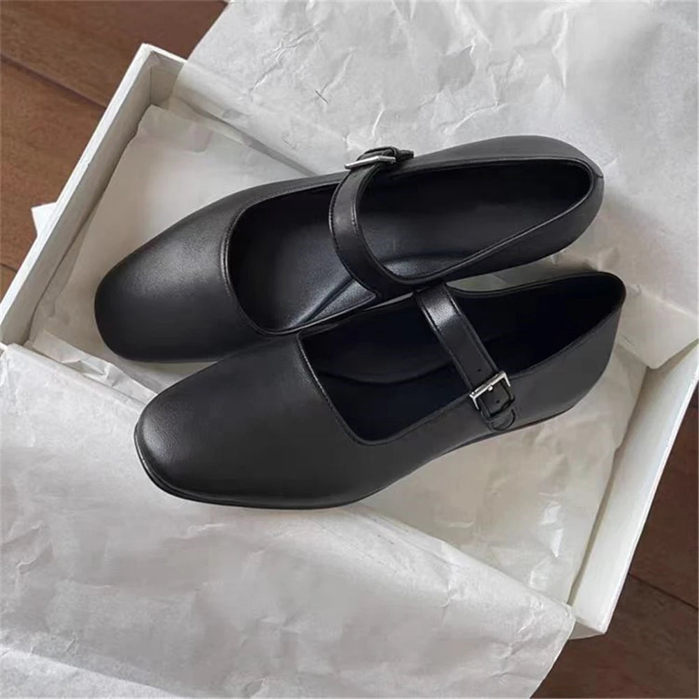 Brand Mary Jane Genuine Leather Flats Shoes Woman Buckles Flat Comfort Loafer Shoes Soft Leather Flats