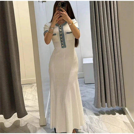 Contrasting Knit Maxi Dress O-neck Short Sleeve Metal Buttons Bodycon Dresses Office Lady Commuting Robe