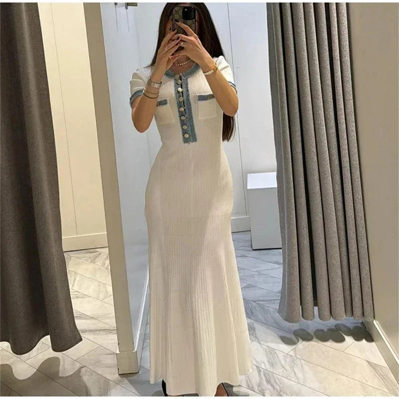 Contrasting Knit Maxi Dress O-neck Short Sleeve Metal Buttons Bodycon Dresses Office Lady Commuting Robe
