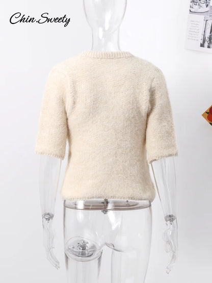 Mohair Knitted Short Sleeve Cardigan Lace Bow Single Breasted O-neck Slim Sweater Autumn Winter Lady Knitwear