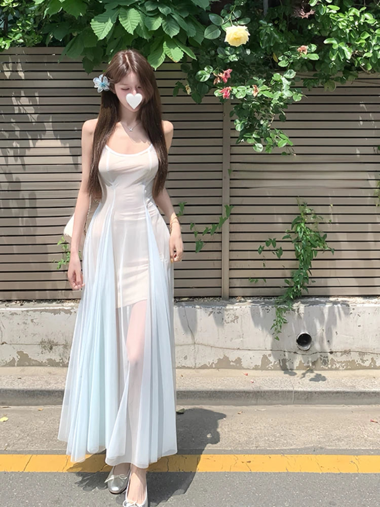 Summer Lace Midi Dress Beach Evening Party Sleeveless Strap Dress One Piece Dress Korean