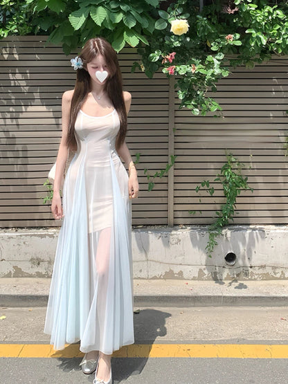 Summer Lace Midi Dress Beach Evening Party Sleeveless Strap Dress One Piece Dress Korean