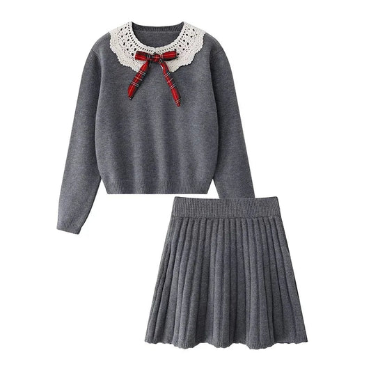 Sweet Hot Girl College Style Suit Autumn Bow Peter Pan Collar Sweater High Waisted Short Skirt Twopiece Set