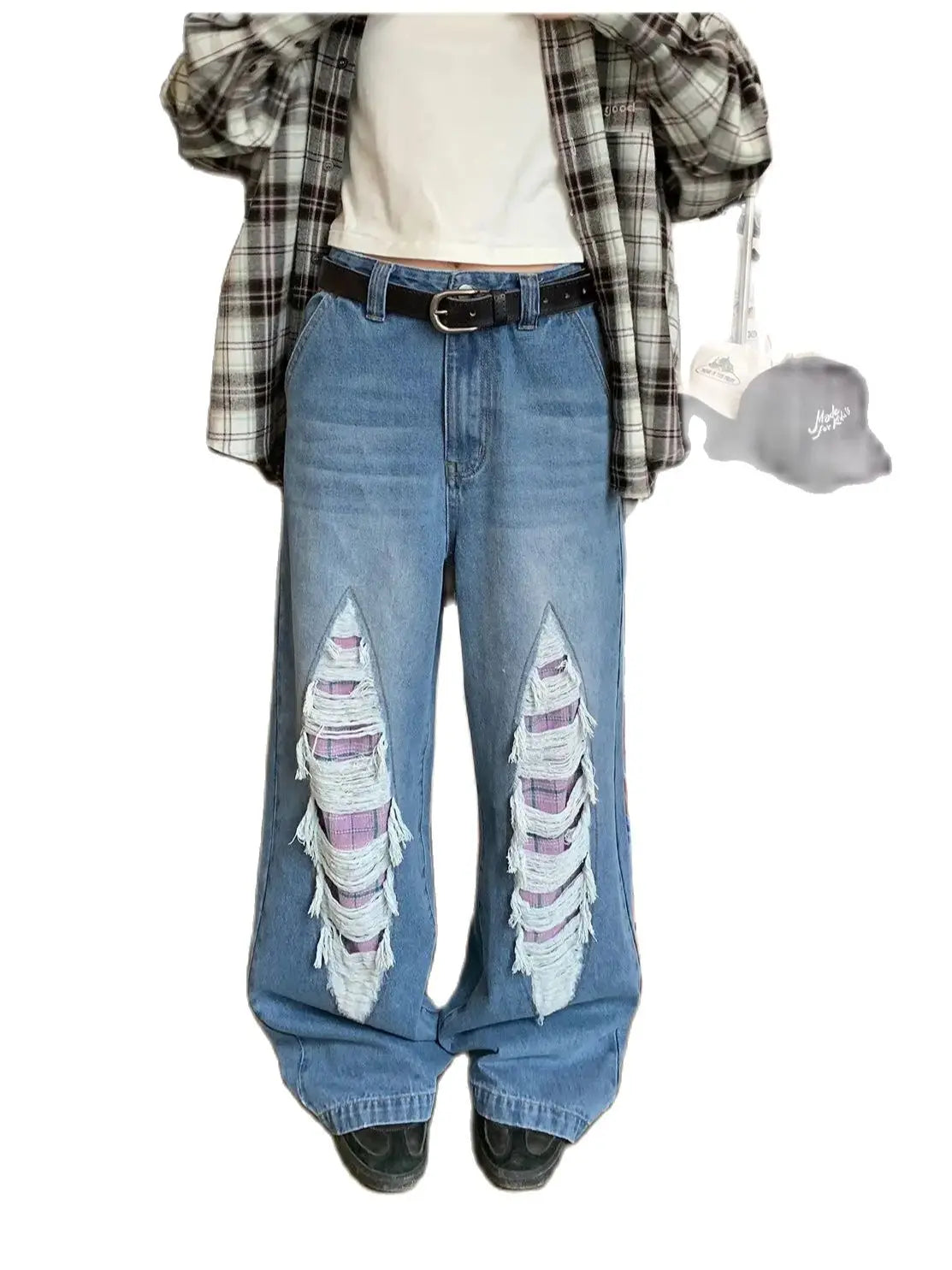 Jeans With Contrasting Plaid Holes and Splicing High-waisted Summer American High Street Loose Slimming Wide-leg Pants