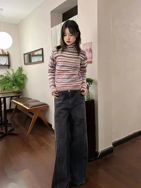 French High Collar Sweater Rainbow Stripe Pullovers Age Reduction O Neck Knitwears Korean Sueter Mujer