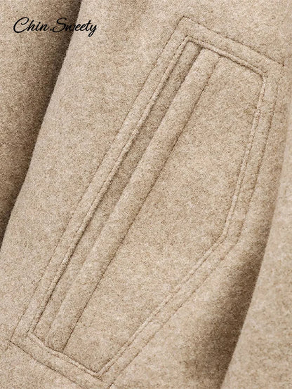 ’s Khaki Bomber Jacket Stand Collar Zipper Pocket Long Sleeve Short Coats Female Spring Thick Warm Outwear New