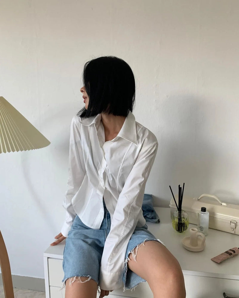 Shirts Autumn Long Sleeve Polo Neck Blouse Pattern Embroidery White Blue Tops