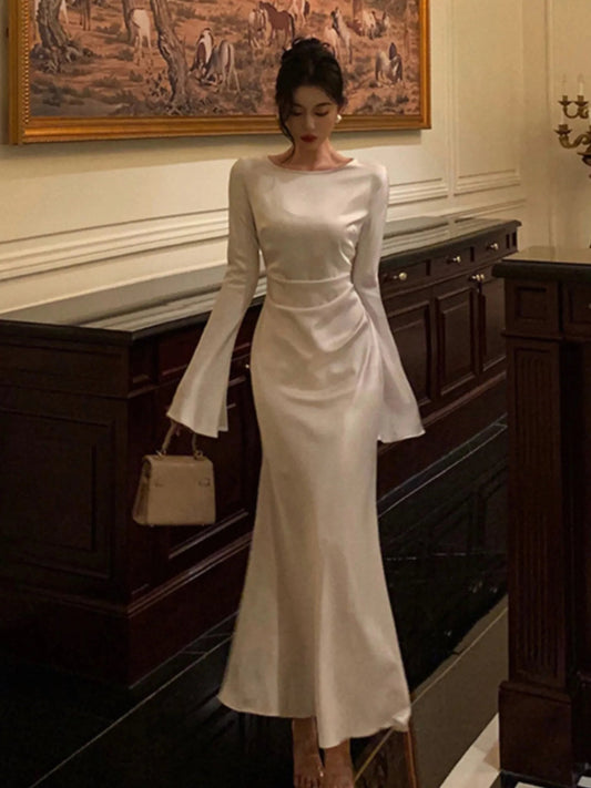 Flare Sleeve Wedding Mermaid Long Dress Spring Autumn French Slim One Piece Party Robe Mujers Clothes