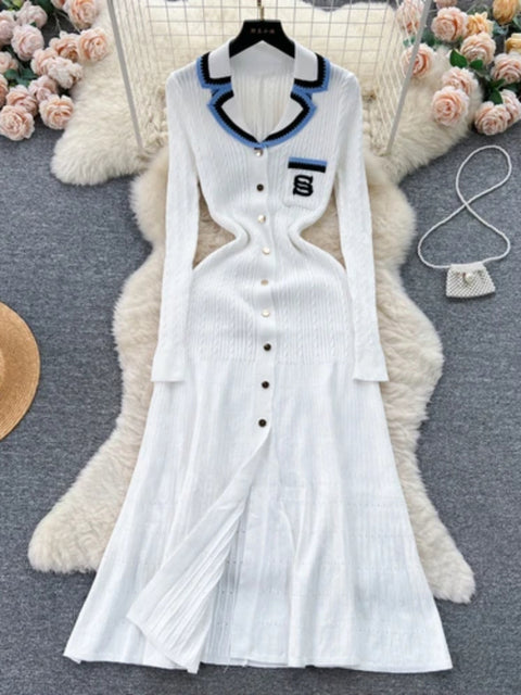 Knitted Dress Spring Autumn Long Sleeve V-neck Bodyon Dresses Slim A-line Single Breasted Sweater Robe