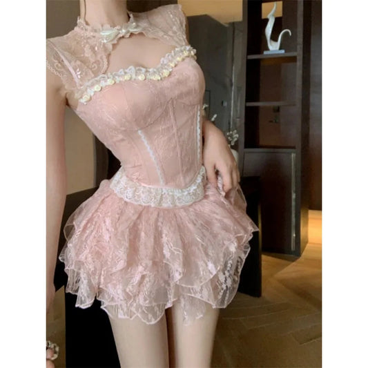 Sweet 2 Piece Skirt Sets Female Bow Lace Patchwork Y2k Corset Blouse + Mini Skirts Japanese Lolita Suits Summer New
