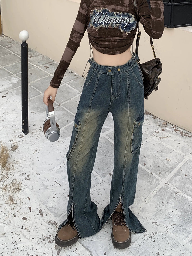 Blue Cargo Pants High Waist Washed Jeans American Retro High Street Flared Wide Leg Split Trousers With Zipper New