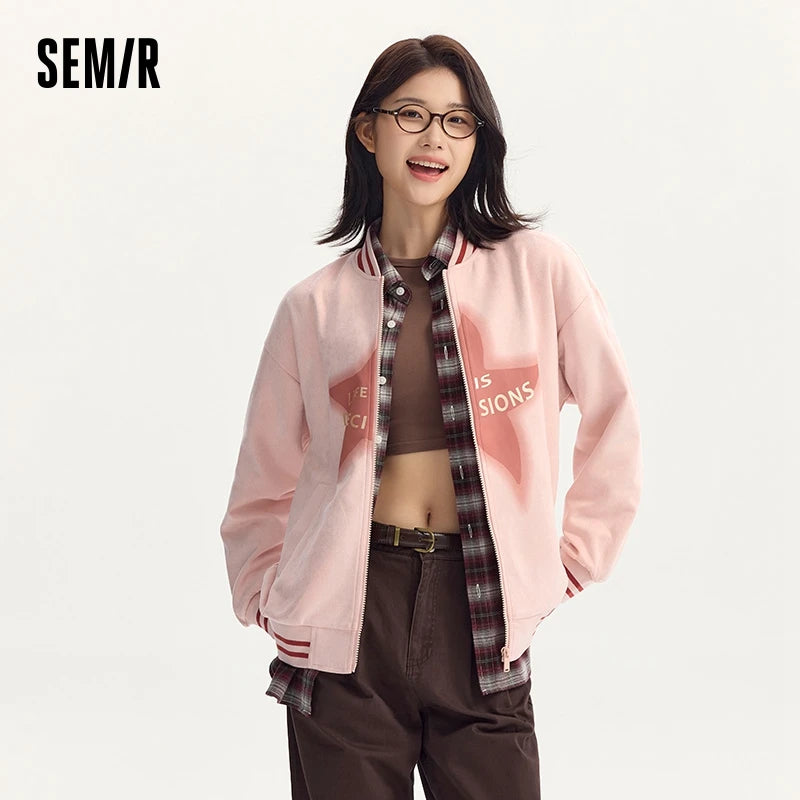 Coat Mid-length Imitation Suede Loose Contrast Color Jacket Autumn Letter American Retro Star Baseball Coat