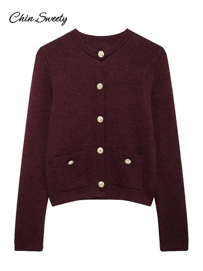 Autumn Knit Burgundy ’s Cardigans O-neck Single-breasted Long Sleeve Pocket Top Autumn Winter Lady All-match Knitwear