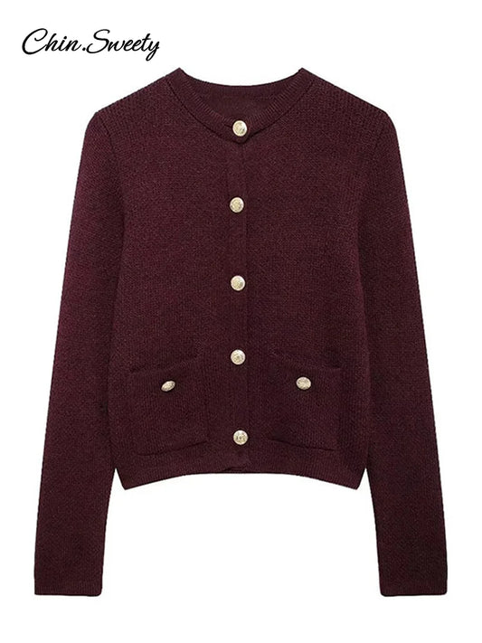 Autumn Knit Burgundy ’s Cardigans O-neck Single-breasted Long Sleeve Pocket Top Autumn Winter Lady All-match Knitwear