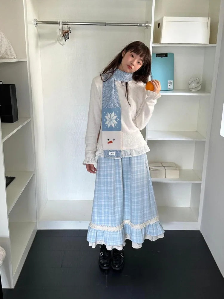 Autumn Winter Y2k Skirts Blue Plaid Woolen Plaid Lace Splicing Skirt High Waist Slimming a Word Long Skirt