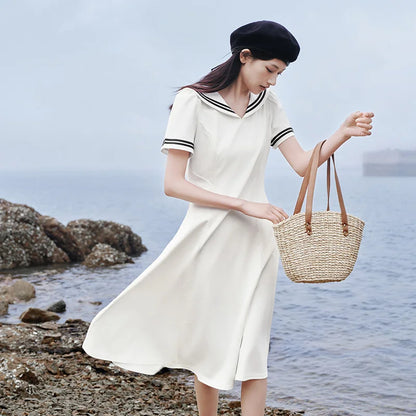 Dress Navy Collar With a Collegiate and Artistic Style Summer New White Moonlight Waist-cinched Long Dress