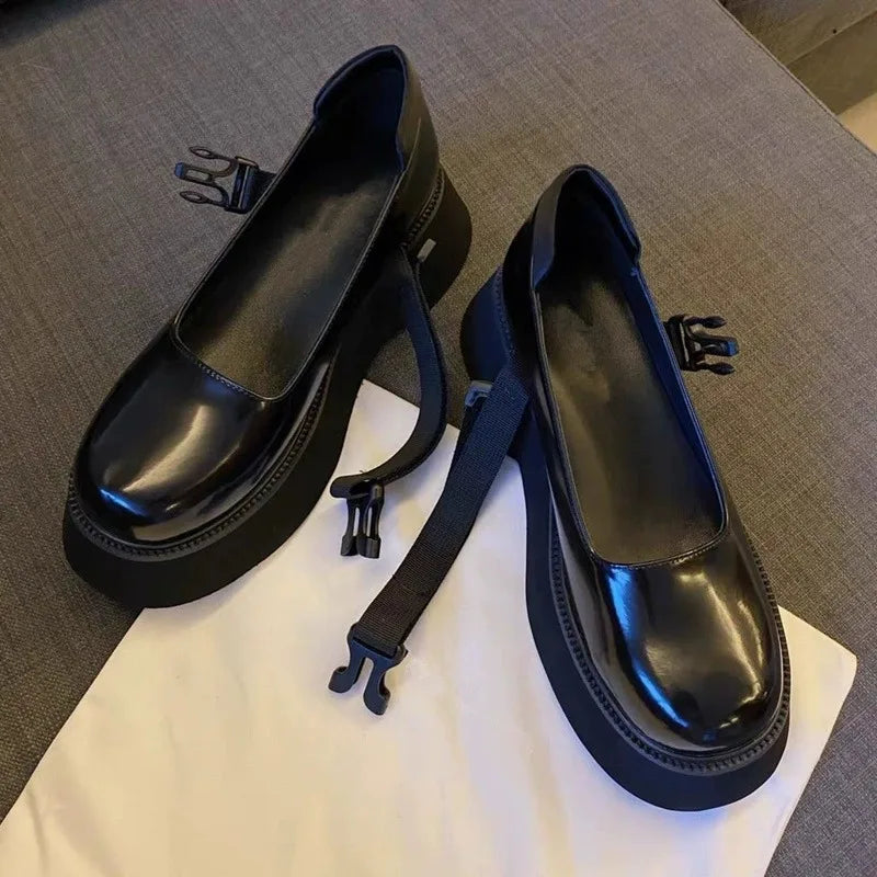 Retro Round Toe Block Heel Mary Jane Shoes Patent Leather Black Platform Pumps College Thicksoled Japanese Style Loafers