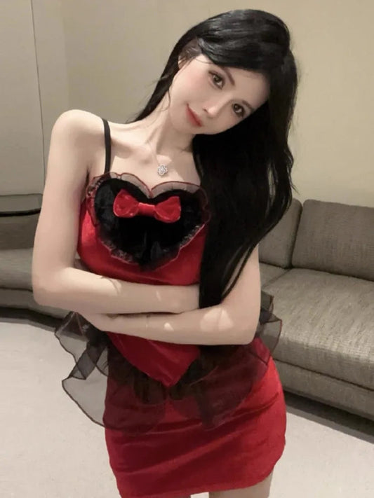 Mini Dresses Ruffles Patchwork Sweet Bow Bandage Backless Mesh Sleeveless Clubwear Party