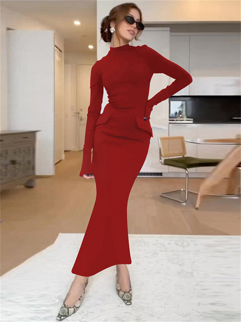 Female Maxi Dress High Waist Pocket Patchwork Skinny Commute Autumn Dress ’s Long Dress