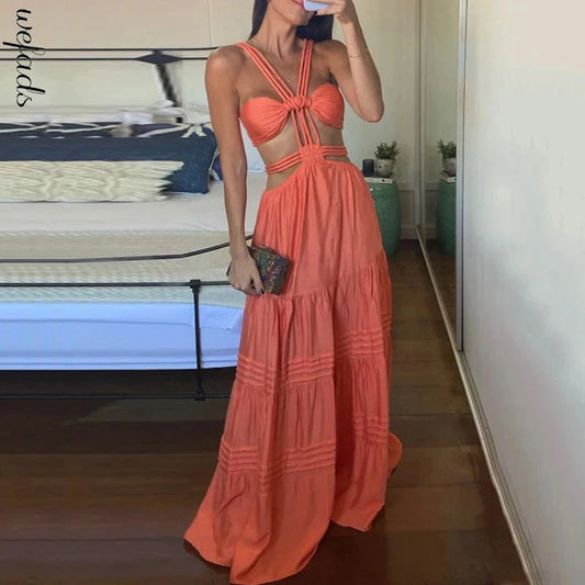 Pleated Strap Lace-up Maxi Dress
