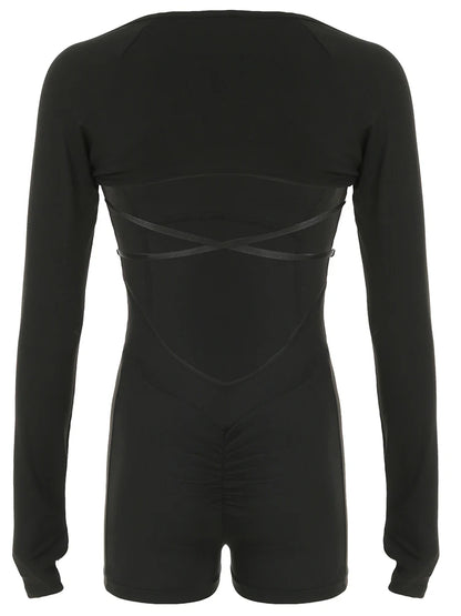 Cross Backless Skinny 2 Pieces Outdoor Rompers and Long Sleeve Open Stitch Crop Top Fitness Sports Playsuits