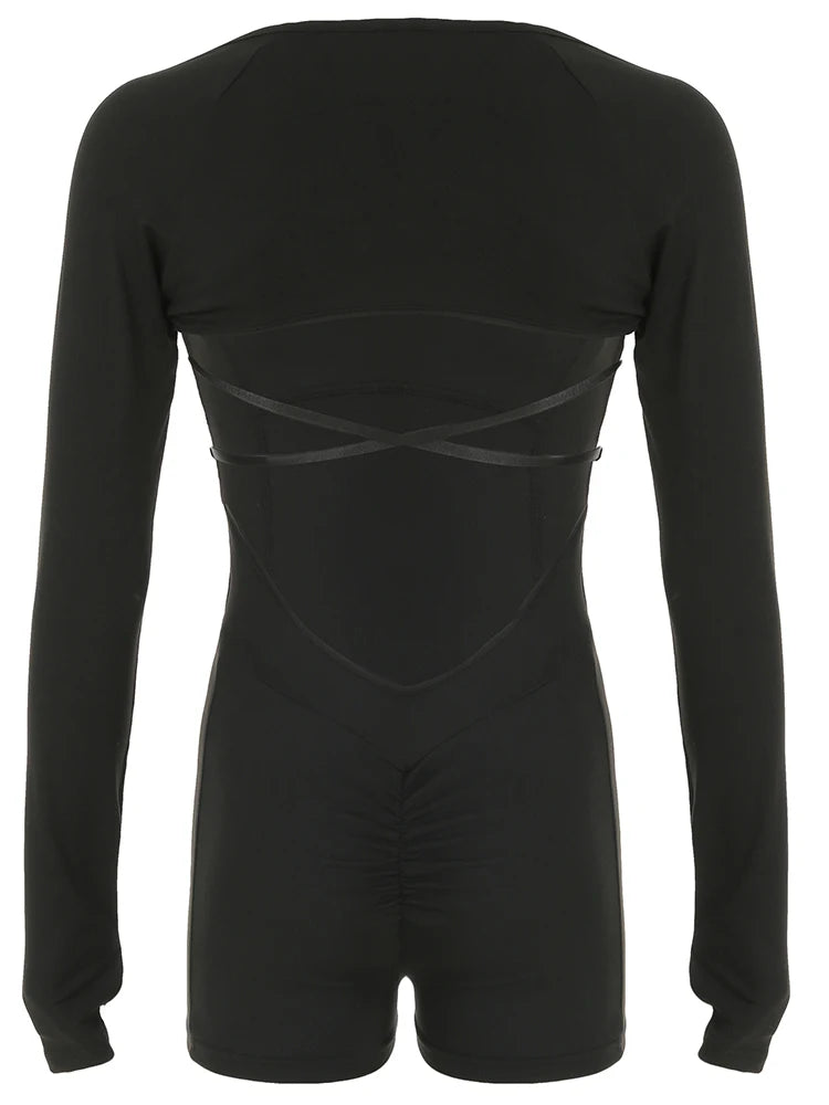 Cross Backless Skinny 2 Pieces Outdoor Rompers and Long Sleeve Open Stitch Crop Top Fitness Sports Playsuits