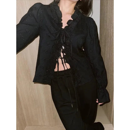 Vneck Ruffled Laceup Loose Longsleeved Shirt Summer New Korean Hollow Color Blouse