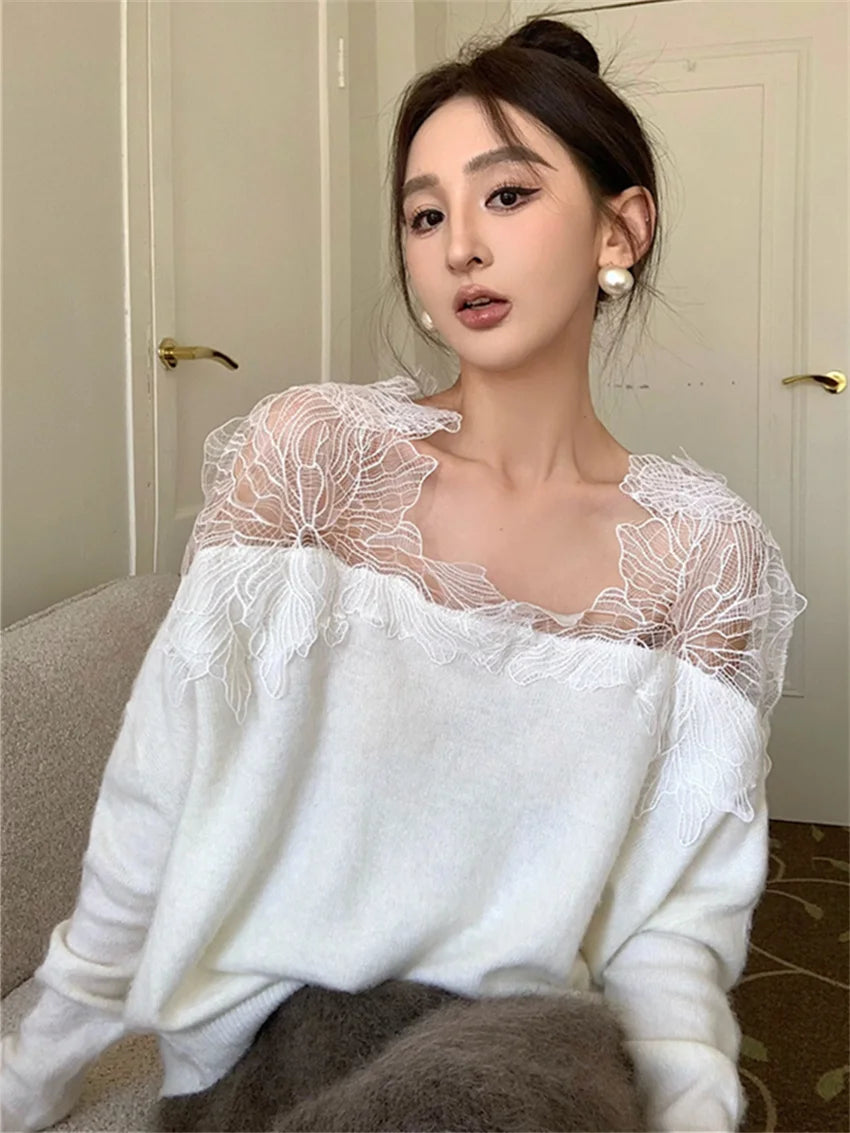 Lace Patchwork Knitted Sweaters Lady Spring Office Wear Pullovers Daily Loose Slim