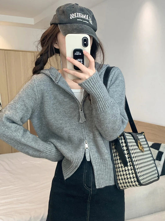 Double Zipper Cropped Knitwear Basic Zip Up Hooded Knitted Cardigan Slim Long Sleeve Sweaters for Winter Clothes
