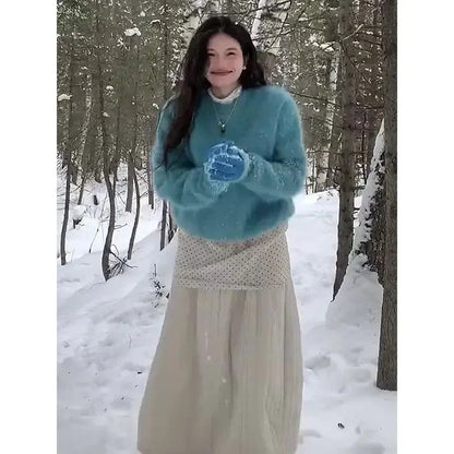 Autumn and Winter New Furry Blue Mink Fur Sweater for Round Neck Simple Loose Knitted Pullovers Tops