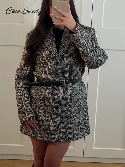Winter With Belt Blazer Coat Loose Lapel Tweed Wool Blends Warm Jacket Temperament Commuting Lady Outwear