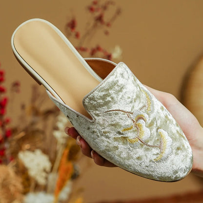 Embroidery Velvet Slipon Flats Summer Mules Round Toe Pigskin Inside Sheepskin Insole Female Sandals Shoes Woman