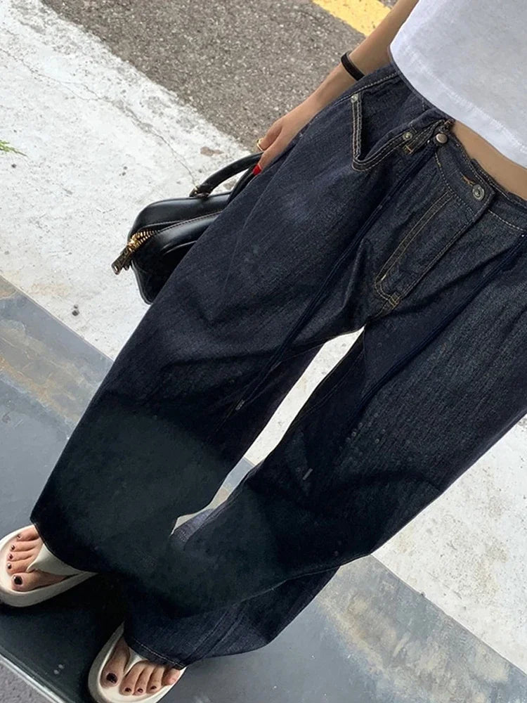 Korea High Waist Jeans New Drawstring Loose All Match Trousers Blue Design Wide Leg Pants Autumn