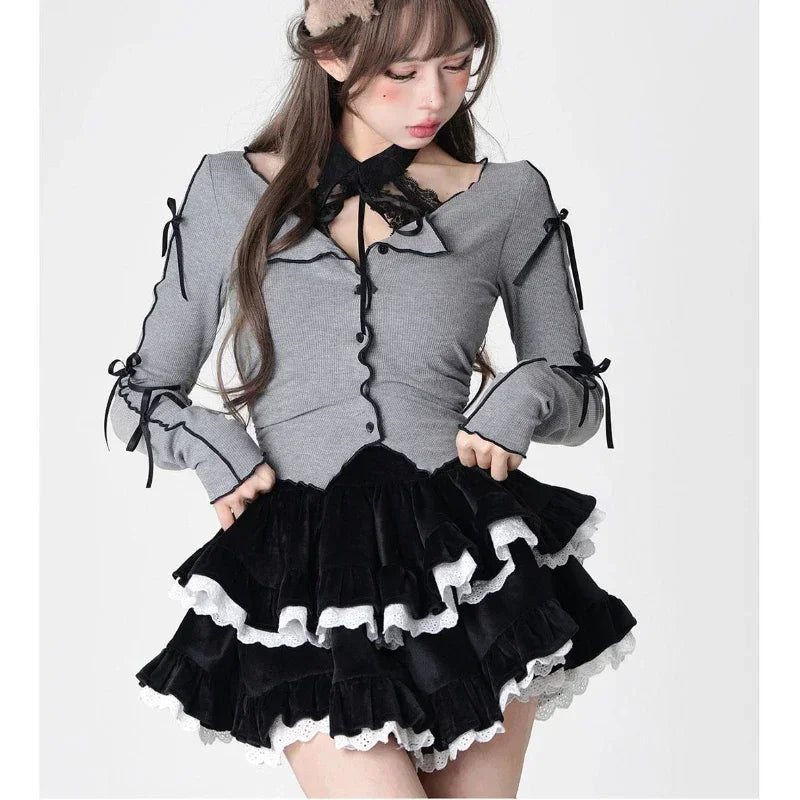 Brown Sweet Corduroy Skirt Korean Style Kawaii Cake Mini Skirt Black Lace Spliced High Waist Ruffle Short Skirts