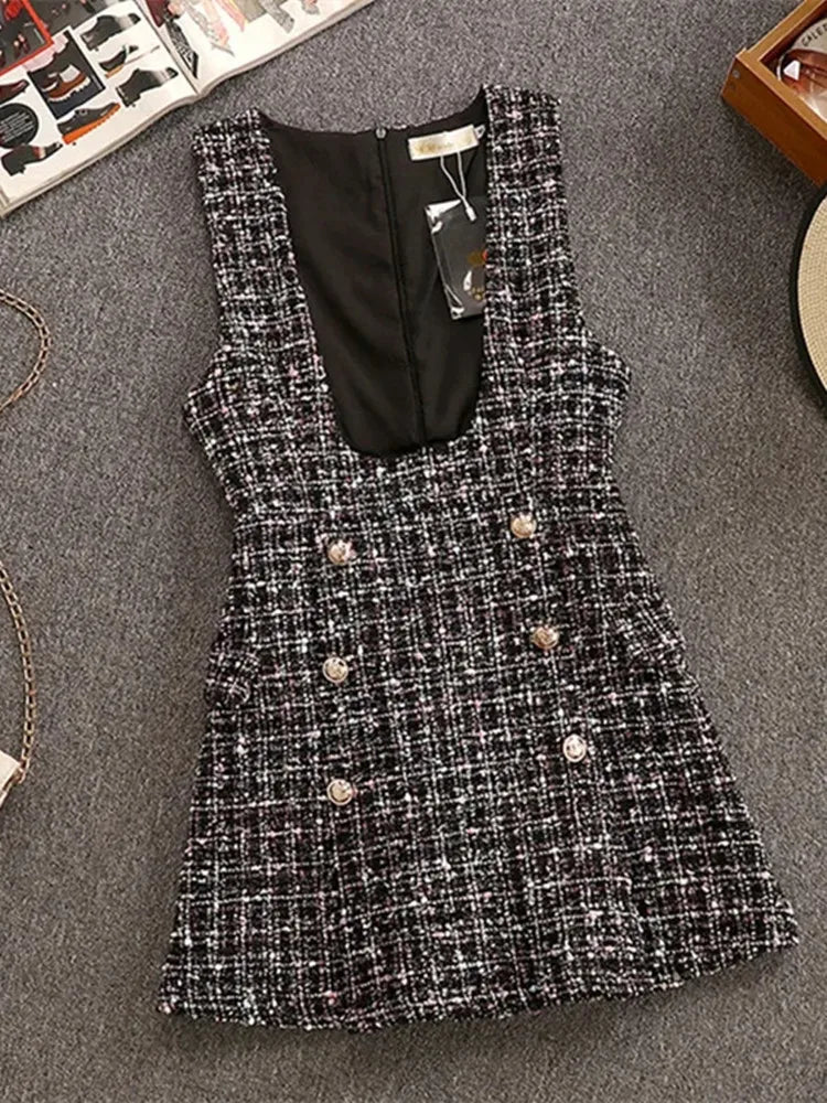 Autumn Winter 2 Piece Set Overalls Dress Ruffles Chiffon Bow Shirt Top+double Breasted Plaid Tweed Vest Dress