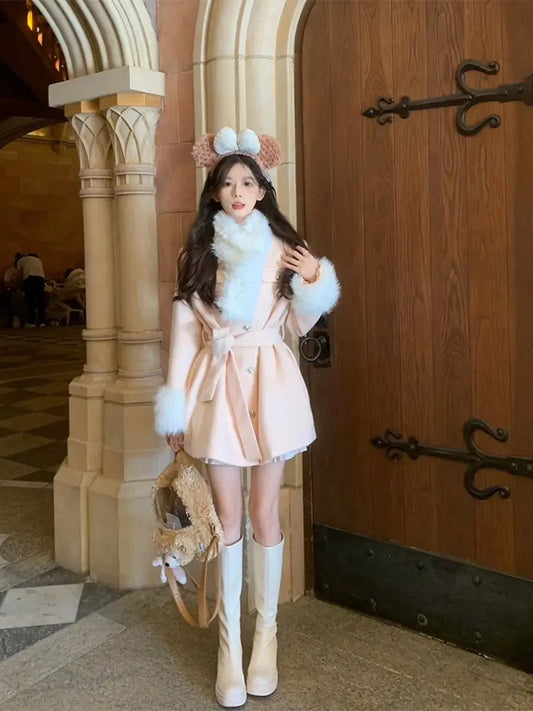 Pink Wool Coat Clothing Winter Coat Thickt Temperament Fur Collar Lace Up Slimming Aline Mid Length Top Winter Clothes