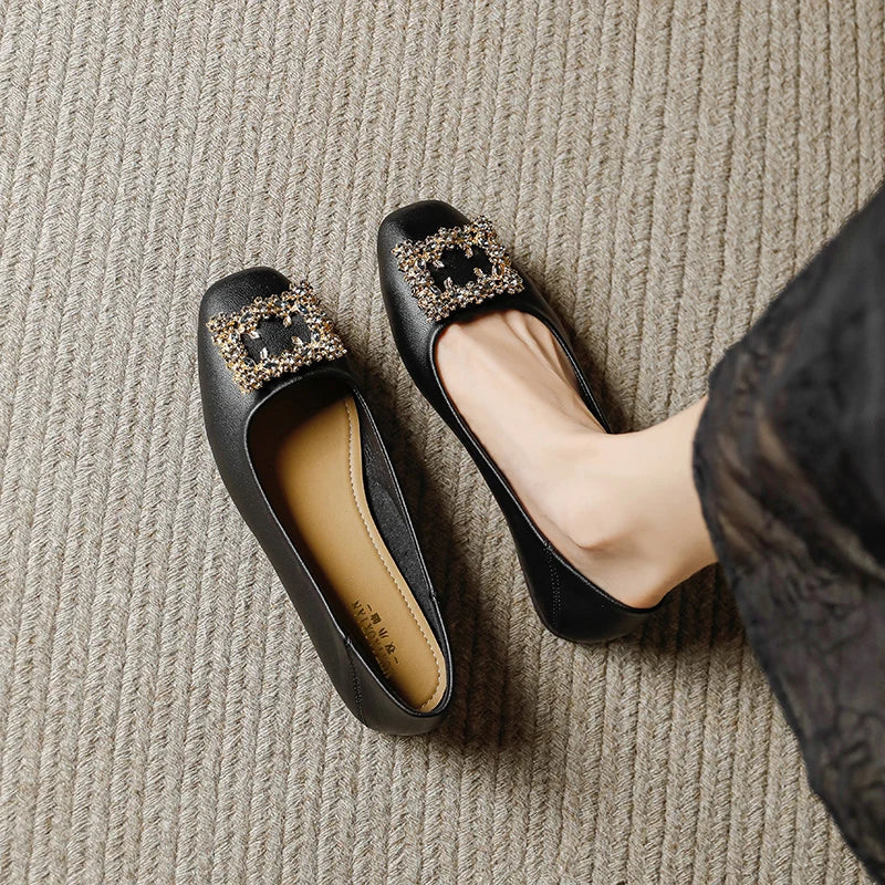 Rhinestone Lace Square Buckle Square Closed Toe Slip on Flat Shoes , Work Driving Walking Wedding