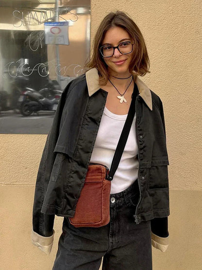 New Cargo Jackets Long Sleeve Patchwork Outwear With Pocket Street Style Punk Loose Top Coats